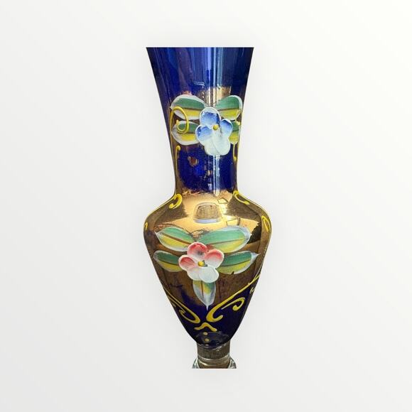 Bohemian Vintage Art Glass Cobalt Blue Hand Painted Enamel Flowers Gilded Vase - Picture 2 of 8